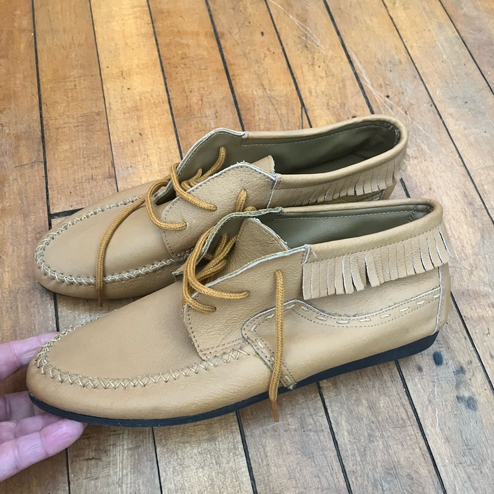 Fringed Tan Moccasin Loafers with Lace-Up Comfort